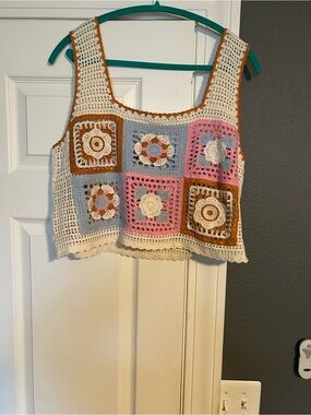 Handmade Crochet Floral Square Tank Top - Cream, Pink, Blue, Brown
